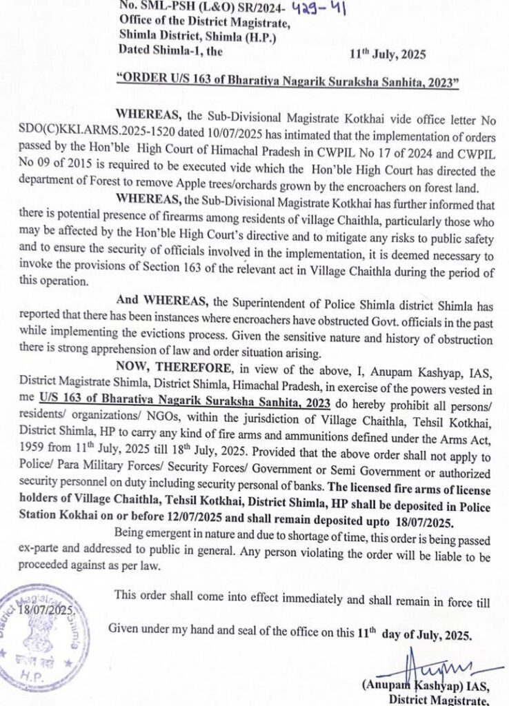 dc shimla order weapon submission kotkhai chaithla
