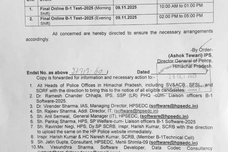 Himachal police B-1 promotion exam rescheduled to November 9 after server crash