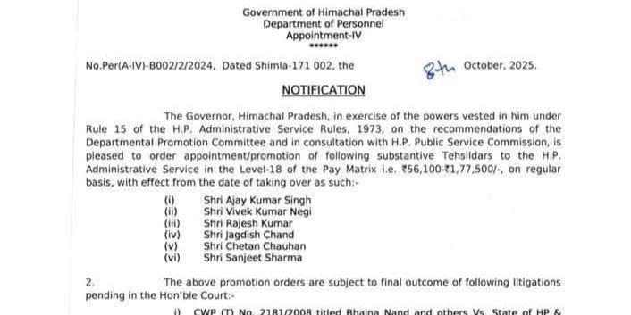 tehsildar promotions himachal