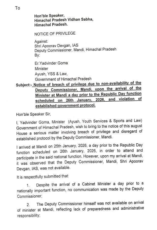 Minister Yadvinder Goma files privilege motion against Mandi DC for skipping protocol during Republic Day visit Minister Yadvinder Goma files privilege motion against Mandi DC for skipping protocol during Republic Day visit