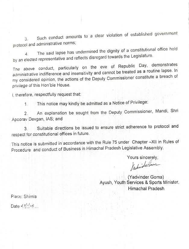 Minister Yadvinder Goma files privilege motion against Mandi DC for skipping protocol during Republic Day visit Minister Yadvinder Goma files privilege motion against Mandi DC for skipping protocol during Republic Day visit