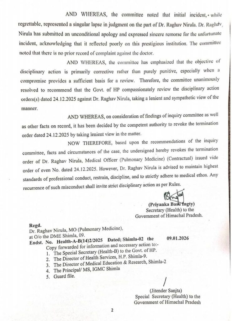 Himachal govt revokes Dr Raghav Narula's termination, issues stern warning on professional conduct