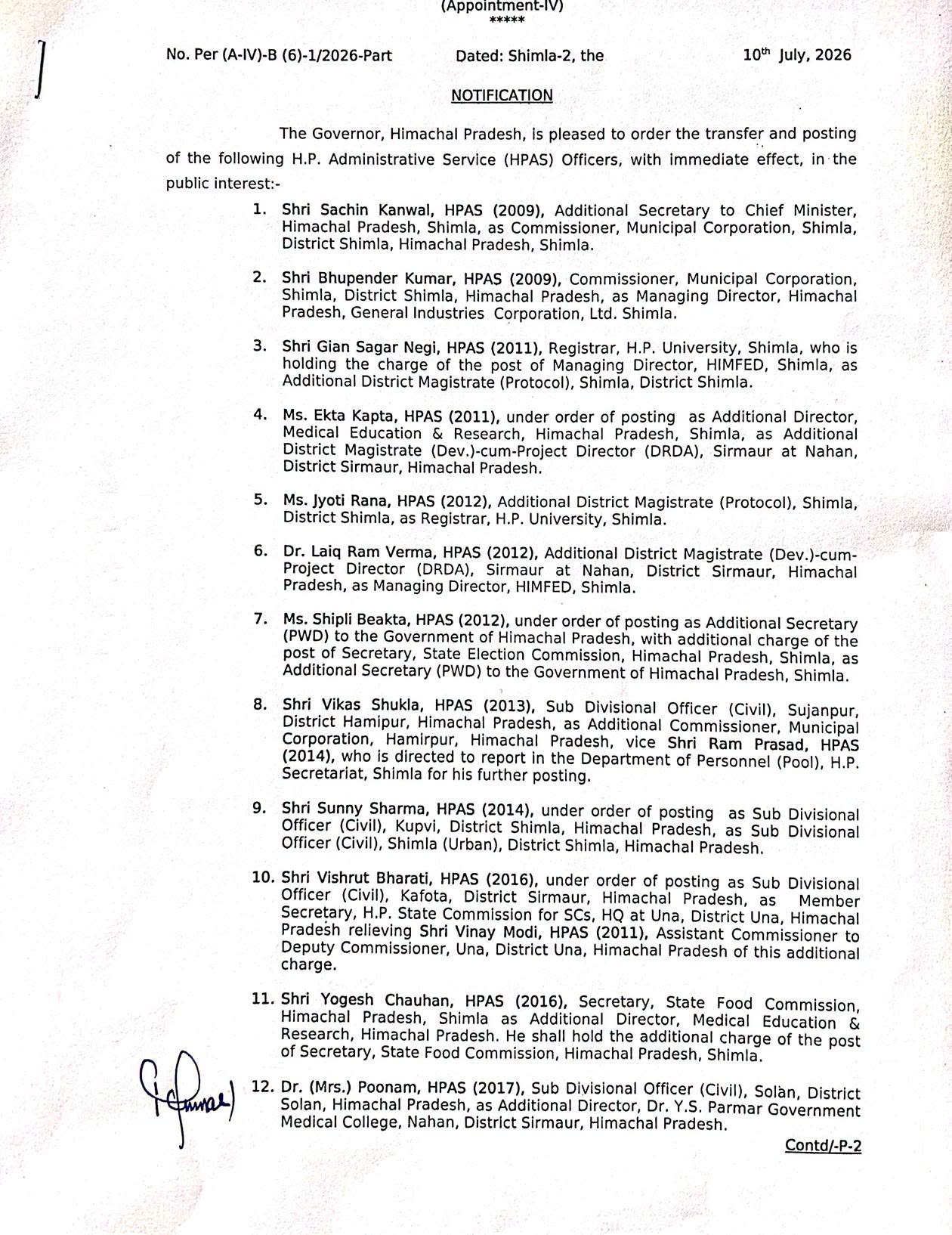 Major HAS reshuffle in Himachal: Jyoti Rana named HP University Registrar, Sachin Kanwal gets Shimla MC charge