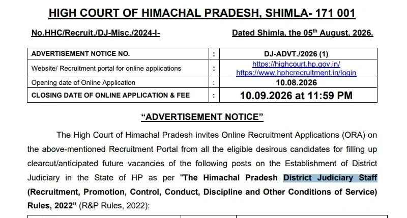 HP High Court recruitment 2026: clerks, stenos, court managers and more; apply by September 10